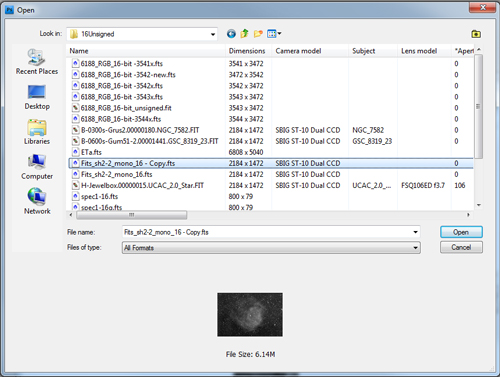 Standard file open dialog with FITS files