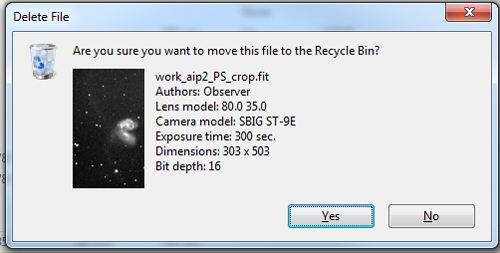 Standard delete dialog with FITS files